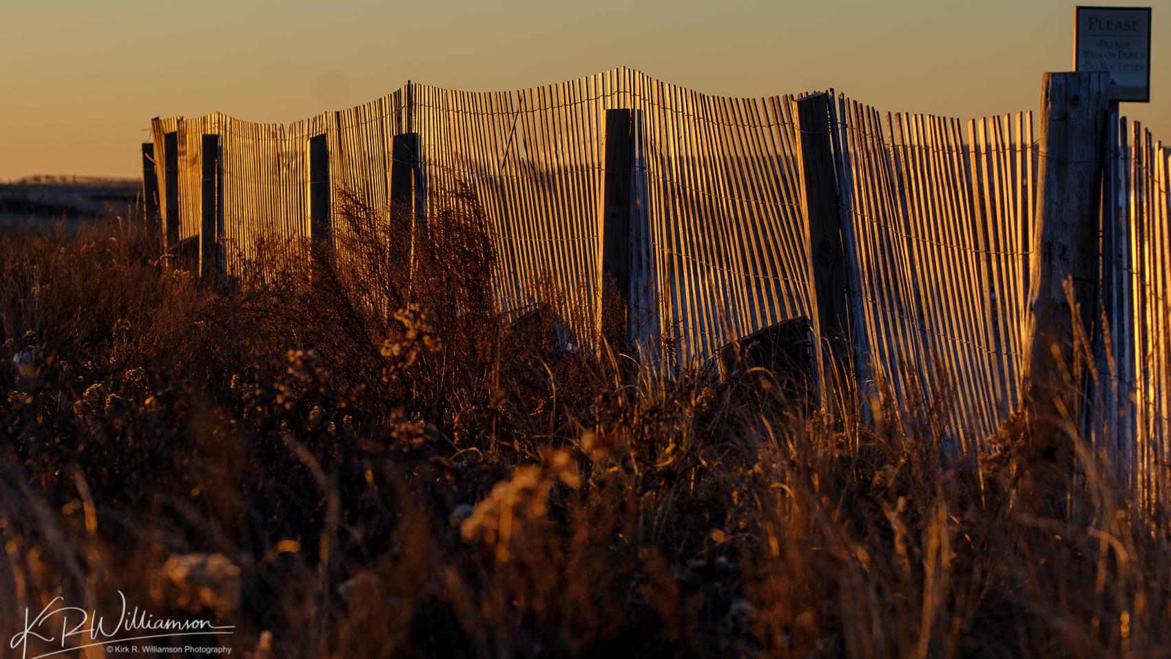 Snow fencing at sunrise